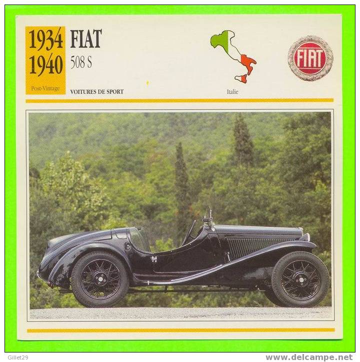 FIAT, 1934 508 S - VOITURE DE SPORT -  FICHE COMPLÈTE DE LA VOITURE À L´ENDOS DE LA CARTE - - Cars