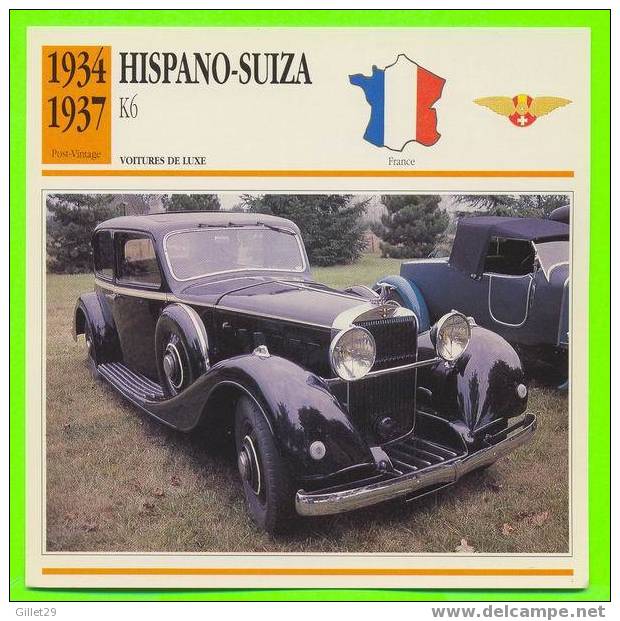 HISPANO-SUIZA, 1934 K6 - VOITURE DE LUXE - FICHE COMPLÈTE DE LA VOITURE À L´ENDOS DE LA CARTE - - Voitures