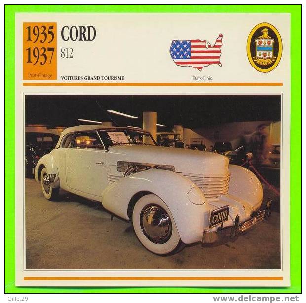 CORD, 1935 812 V8 - VOITURE GRAND TOURISME - FICHE COMPLÈTE DE LA VOITURE À L´ENDOS DE LA CARTE - - Voitures