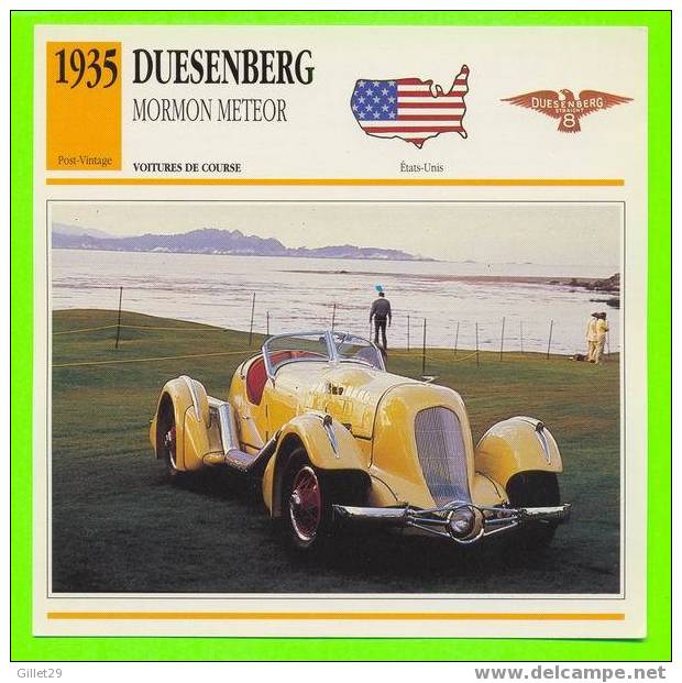 DUESENBERG, 1935 MORMON METEOR - VOITURE DE COURSE - FICHE COMPLÈTE DE LA VOITURE À L´ENDOS DE LA CARTE - - Voitures