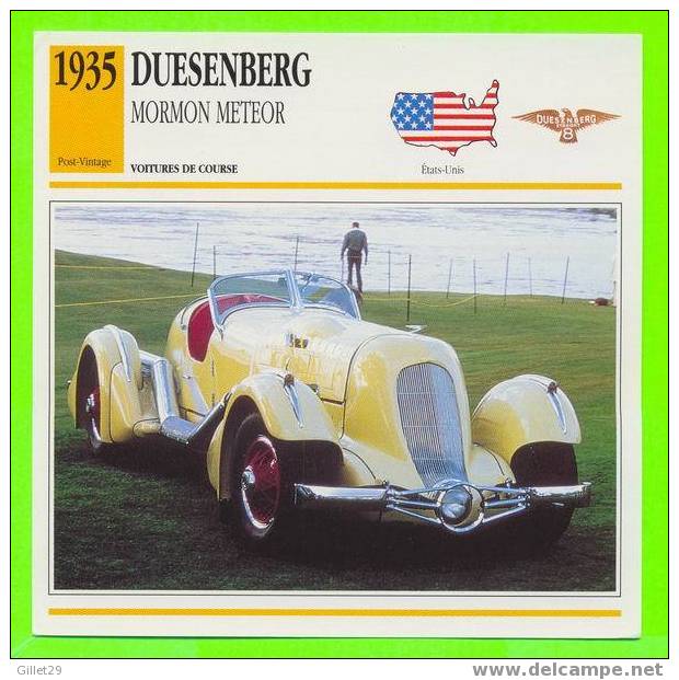 DUESENBERG, 1935 MORMON METEOR - VOITURE DE COURSE - FICHE COMPLÈTE DE LA VOITURE À L´ENDOS DE LA CARTE - - Voitures