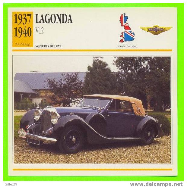 LAGONDA, 1937 CABRIOLET V12 - VOITURE DE LUXE - FICHE COMPLÈTE DE LA VOITURE À L´ENDOS DE LA CARTE - - Voitures