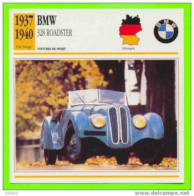 BMW, 1937 328 ROADSTER - VOITURE DE SPORT - FICHE COMPLÈTE DE LA VOITURE À L´ENDOS DE LA CARTE - - Cars