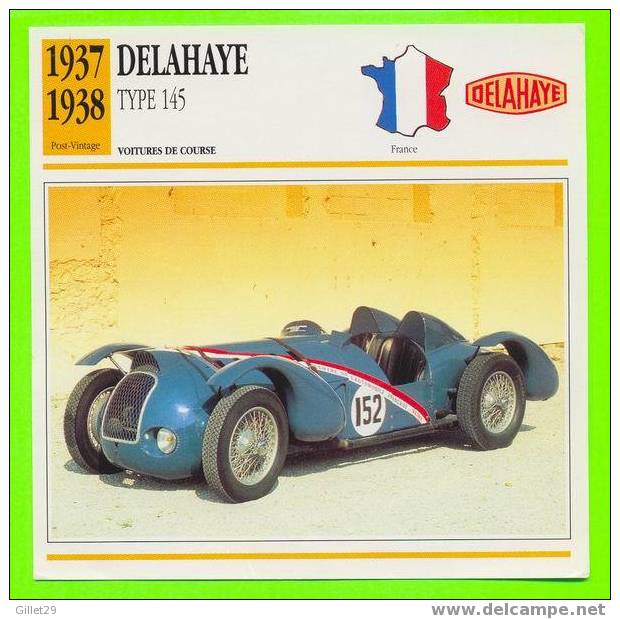 DELAHAYE, 1937 TYPE 145 - VOITURE DE COURSE -  FICHE COMPLÈTE DE LA VOITURE À L´ENDOS DE LA CARTE - - Voitures