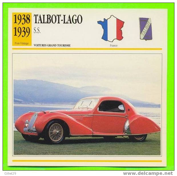 TALBOT-LAGO, 1938 S.S. - VOITURE GRAND TOURISME - FICHE COMPLÈTE DE LA VOITURE À L´ENDOS DE LA CARTE - - Voitures