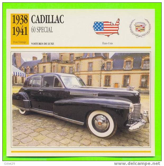 G.M. CADILLAC, 1938 60 SPECIAL - VOITURE DE LUXE - FICHE COMPLÈTE DE LA VOITURE À L´ENDOS DE LA CARTE - - Voitures