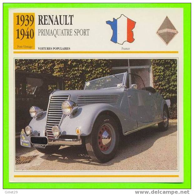 RENAULT, 1939 PRIMAQUATRE SPORT - VOITURE POPULAIRE - FICHE COMPLÈTE DE LA VOITURE À L´ENDOS DE LA CARTE - - Voitures