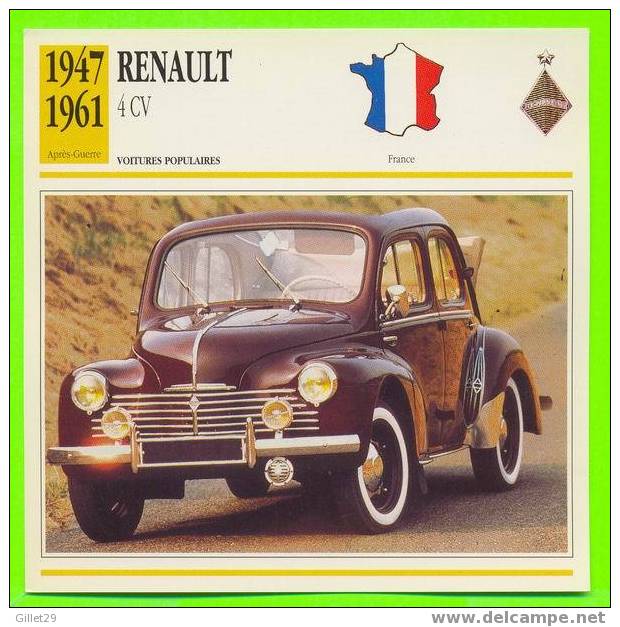 RENAULT,1952 4CV DÉCOUVRABLE - VOITURE POPULAIRE - FICHE COMPLÈTE DE LA VOITURE À L´ENDOS DE LA CARTE - - Voitures