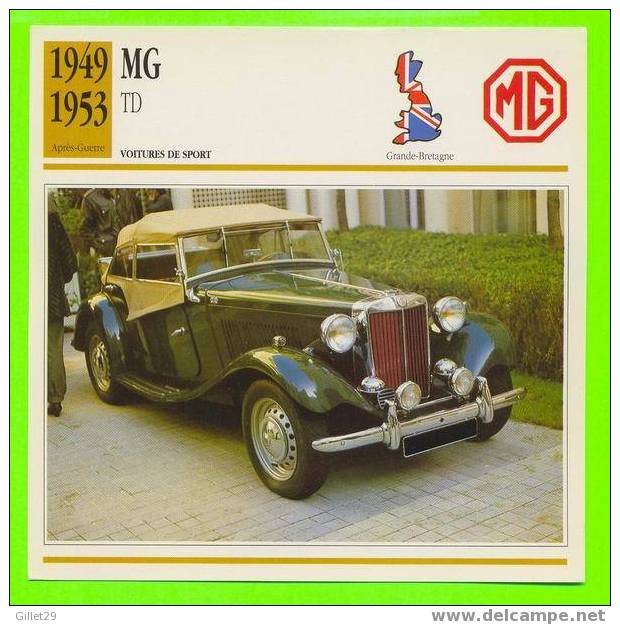 MG, 1949 TD - VOITURE DE SPORT -  FICHE COMPLÈTE DE LA VOITURE À L´ENDOS DE LA CARTE - - Voitures