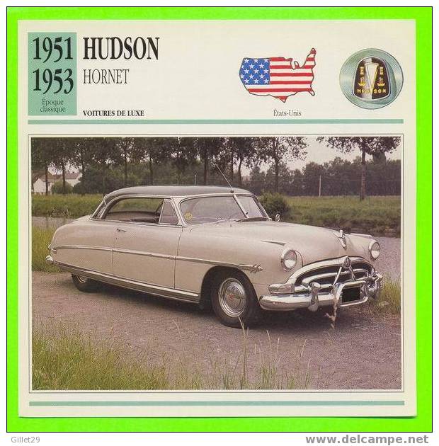 HUDSON, 1951 - HORNET - VOITURE DE LUXE - FICHE COMPLÈTE DE LA VOITURE À L´ENDOS DE LA CARTE - - Voitures