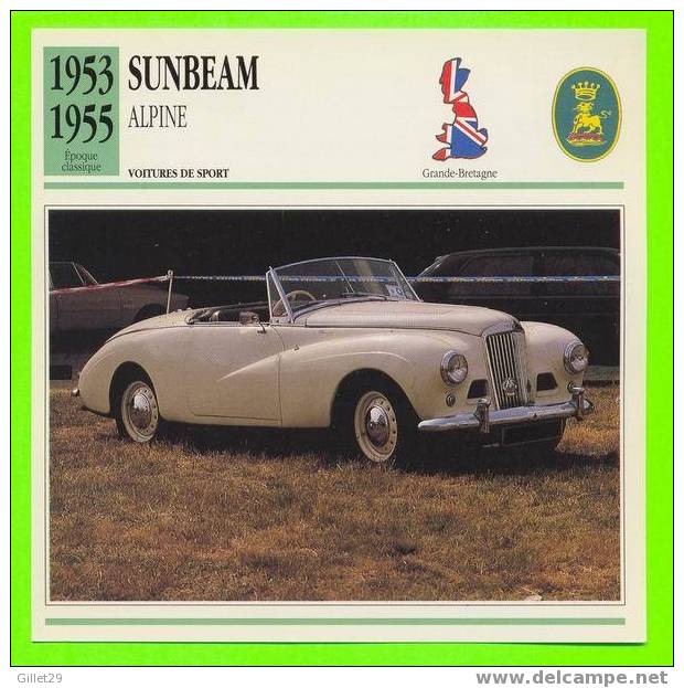 VOITURE, SUNBEAM ALPINE 1954 - FICHE COMPLÈTE DE LA VOITURE À L´ENDOS DE LA CARTE - - Voitures