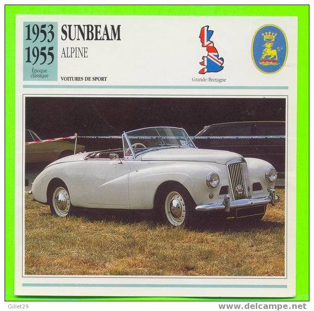 SUNBEAM, 1953 ALPINE - VOITURE DE SPORT - FICHE COMPLÈTE DE LA VOITURE À L´ENDOS DE LA CARTE - - Voitures