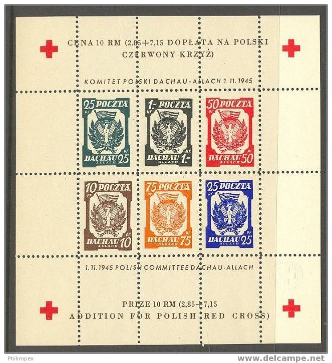 POLAND, SOUVENIR SHEET DACHAU  / RED CROSS 1945 VF UNUSED - Liberation Labels