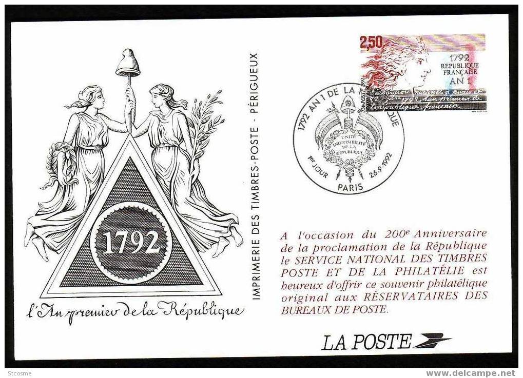 Entier / Stationery / PSC - PAP ITVF Carte Pseudo Entier De 26/09/1992 An I De La République - Official Stationery