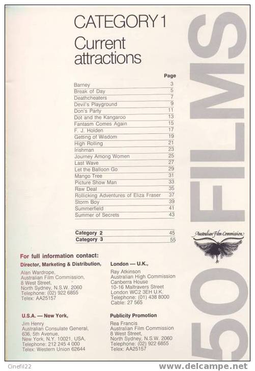 AUSTRALIAN FILM COMMISSION, 50 FILMS, 64 Pages, Avec Photos Et Résumés De 50 Films Australiens (1986) - Bioscoopreclame