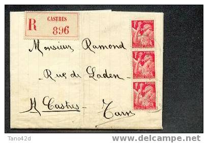 REF LCE1 - IRIS 1fr EN BANDE DE 3 SUR LETTRE REC. DE CASTRES POUR CASTRES 25/3/1941 - 1939-44 Iris