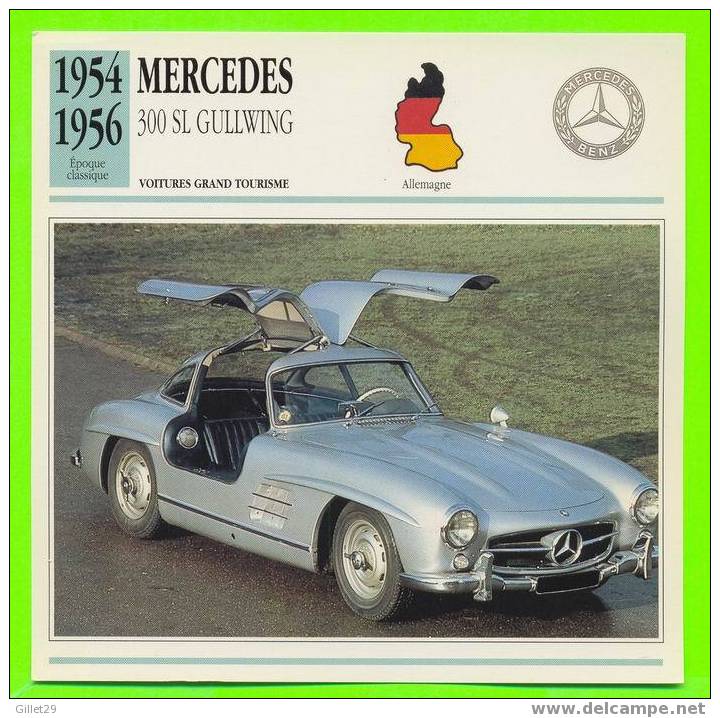 VOITURE,  MERCEDES 300 SL GULLWING, 1954 - FICHE COMPLÈTE DE LA VOITURE À L´ENDOS DE LA CARTE - - Voitures