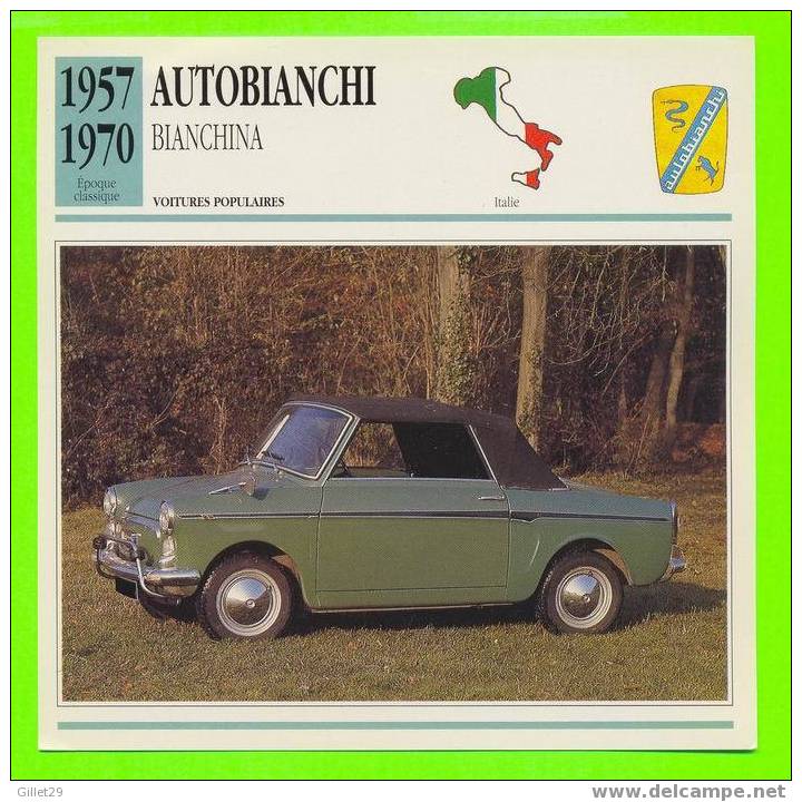 AUTOBIANCHI,1957 - BIANCHINA CABRIOLET - FICHE COMPLÈTE DE LA VOITURE À L´ENDOS DE LA CARTE - - Cars