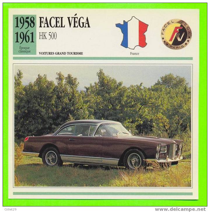 VOITURE,  FACEL VÉGA HK 500 1958 - FICHE COMPLÈTE DE LA VOITURE À L´ENDOS DE LA CARTE - - Auto's