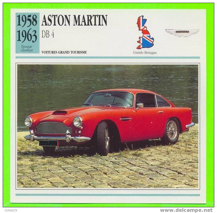 ASTON MARTIN, 1958 - DB 4 - FICHE COMPLÈTE DE LA VOITURE À L´ENDOS DE LA CARTE - - Voitures