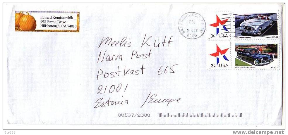 POSTAL COVER USA ( San Francisco ) - ESTONIA 2005 - Cars / Ford Thunderbird & Nash Healey - Lettres & Documents