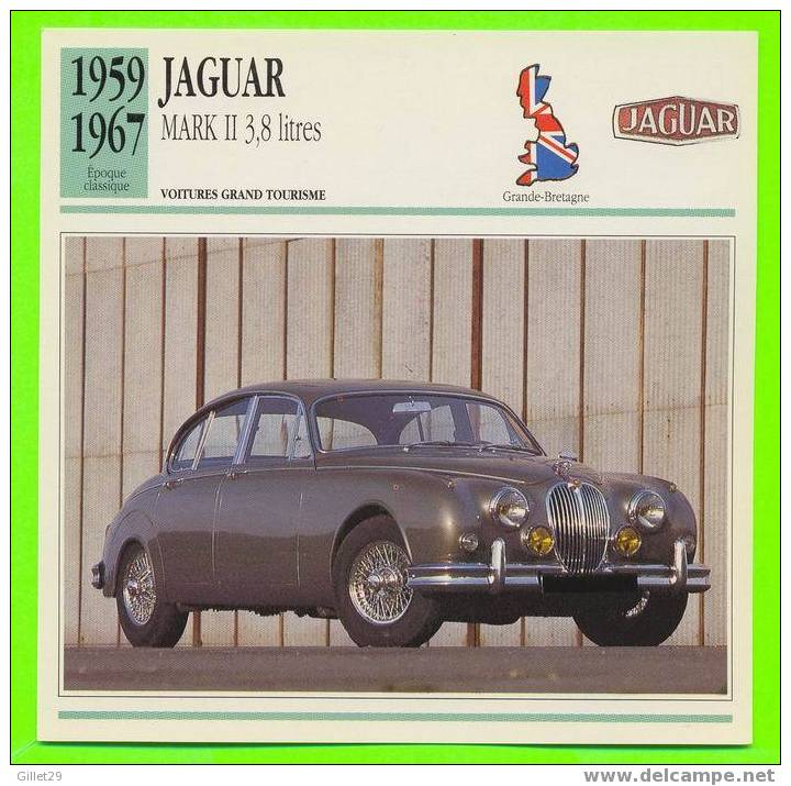 JAGUAR, 1959 - MARK II 3,8 LITRES 4 PORTES - FICHE COMPLÈTE DE LA VOITURE À L´ENDOS DE LA CARTE - - Voitures