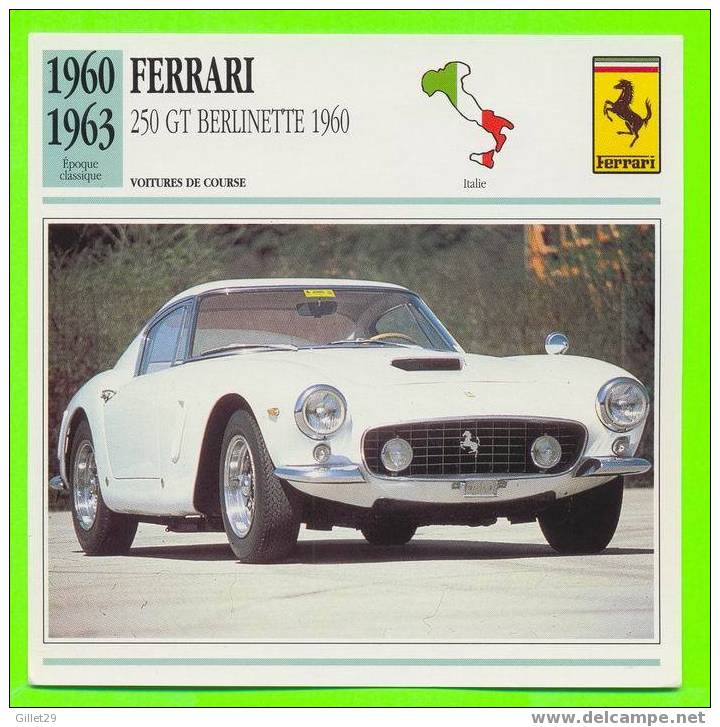 FERRARI, 1960 - 250 GT BERLINETTE LUSSO - FICHE COMPLÈTE DE LA VOITURE À L´ENDOS DE LA CARTE - - Voitures