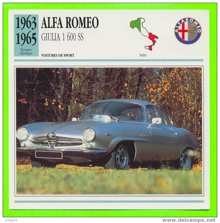 ALFA ROMEO, 1963 GIULIA 1600 SS - FICHE COMPLÈTE DE LA VOITURE À L´ENDOS DE LA CARTE - - Voitures