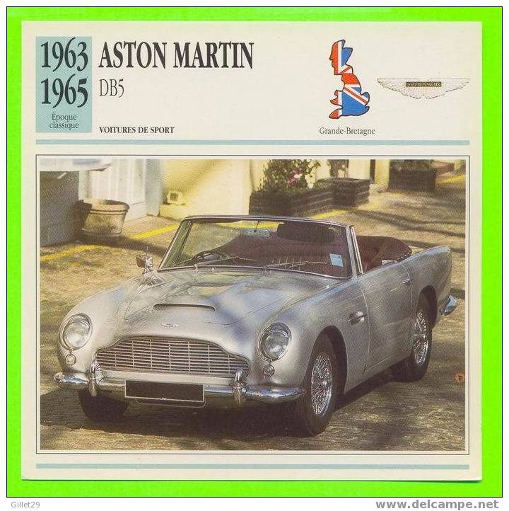 ASTON MARTIN, 1963 DB 5 , CONVERTIBLE - FICHE COMPLÈTE DE LA VOITURE À L´ENDOS DE LA CARTE - - Autos