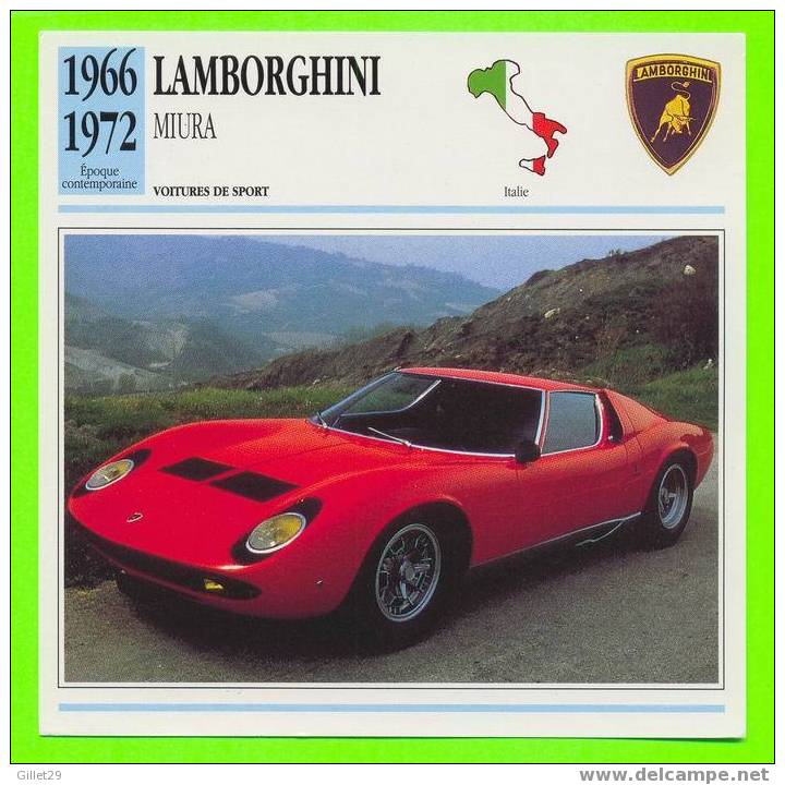 VOITURE, LAMBORGHINI 1966 - MIURA VERSION S - FICHE COMPLÈTE DE LA VOITURE À L´ENDOS DE LA CARTE - - Voitures