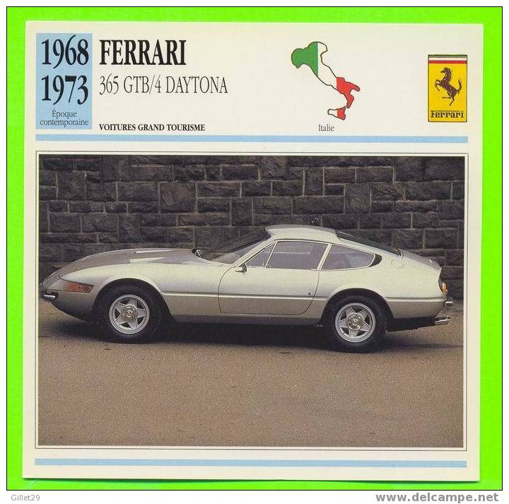 FERRARI, 1968 365 GTB/4 DAYTONA - FICHE COMPLÈTE DE LA VOITURE À L´ENDOS DE LA CARTE - - Voitures