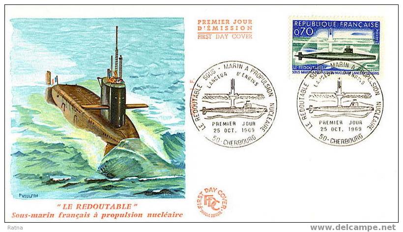 France :  FDC.  Sous Marin, Exploration, Le Redoutable, Marine, Guerre, Propulsion Nucléaire, Atomique, Lanceur Engins - U-Boote