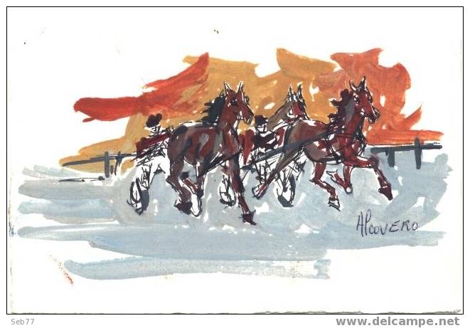 Petite Peinture (aquarelle) D'Alcovero 1995 (équitation - Course - Chevaux) - Wasserfarben