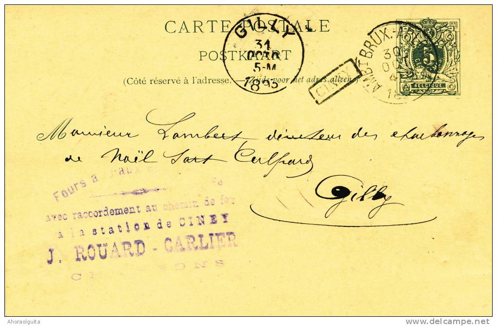 Entier Postal AMBULANT BXL-ARLON 1893 Petite Griffe CINEY - Cachet Rouard - Carlier Charbons  --  4/065 - Ambulante Stempels