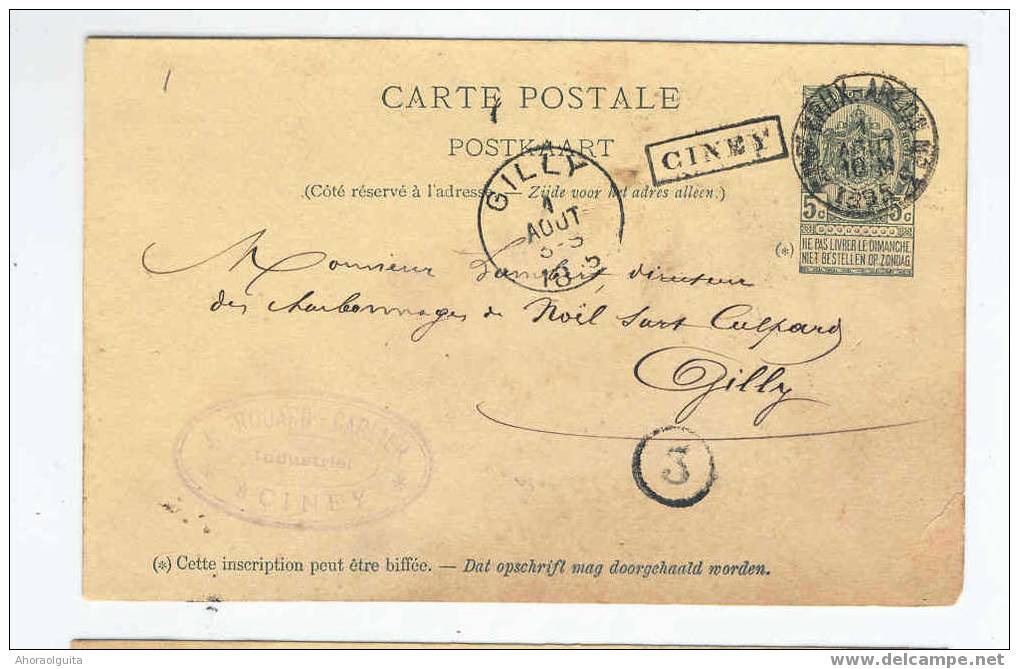 Entier Postal AMBULANT BXL-ARLON 1895 Griffe Moyenne CINEY - Cachet Rouard - Carlier Industriel  --  4/066 - Ambulants