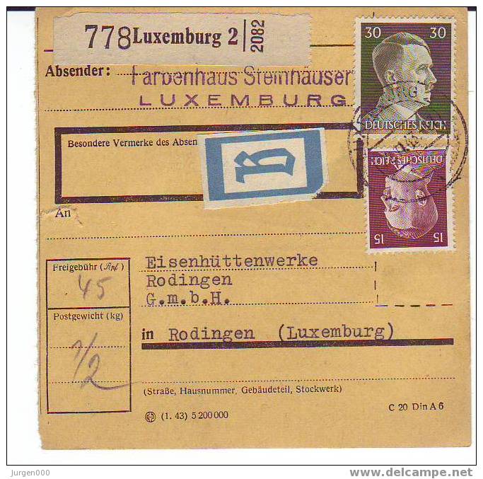 Pakketkaart Van Luxemburg 2 Naar Rodingen - 1940-1944 Occupation Allemande