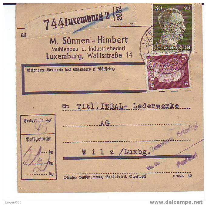 Pakketkaart Van Luxemburg 2 Naar Wilz - 1940-1944 German Occupation