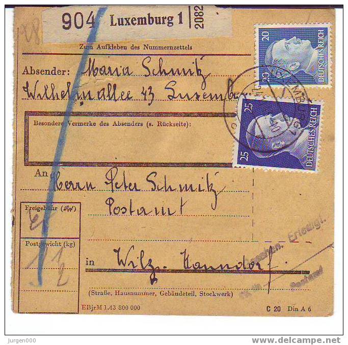 Pakketkaart Van Luxemburg 1 Naar Wilz - 1940-1944 Occupation Allemande