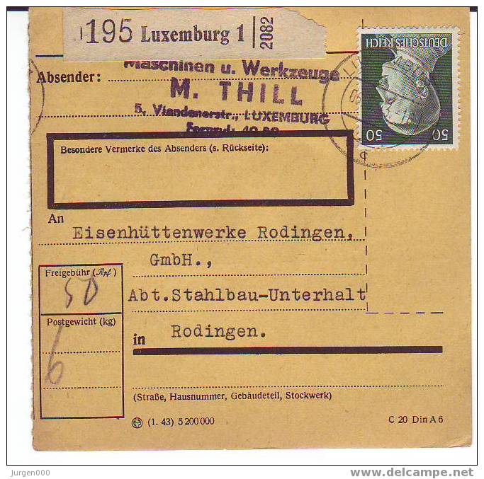 Pakketkaart Van Luxemburg 1 Naar Rodingen (B003) - 1940-1944 Deutsche Besatzung