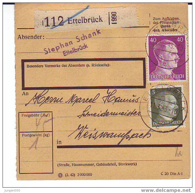 Pakketkaart Van Ettelbrück Naar Weiswampach (B003) - 1940-1944 German Occupation