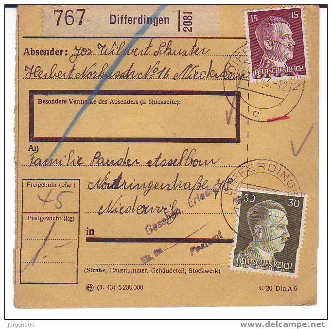 Pakketkaart Van Differdingen Naar Wilz (B003) - 1940-1944 Deutsche Besatzung