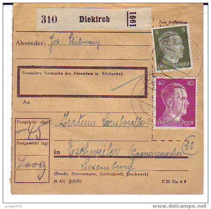 Pakketkaart Van Diekich Naar Eschweiler (Alzig) (B003) - 1940-1944 Duitse Bezetting