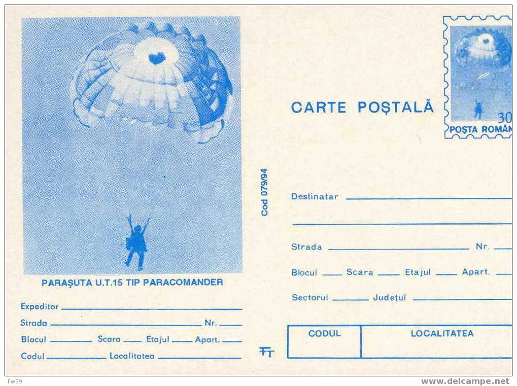 PARACHUTISME  ENTIER POSTAL ROUMANIE PARAPENTE ET PARACHUTISME DOCUMENT DIFFERENT - Parachutting