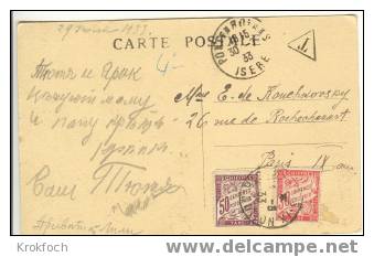 Carte Postale Taxée En 1933 à 80 Centimes Avec Chiffres Taxe YT 33 & 37 - 1859-1959 Covers & Documents