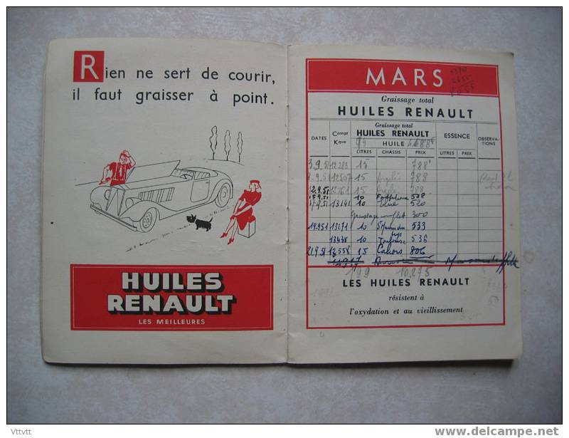 Carnet D´entretien D´automobile Renault (1951). 34 Pages, 11,5 Cm Sur 15,5 Cm. Nombreuse Pubs Pour Les Huiles Renault. - Cars