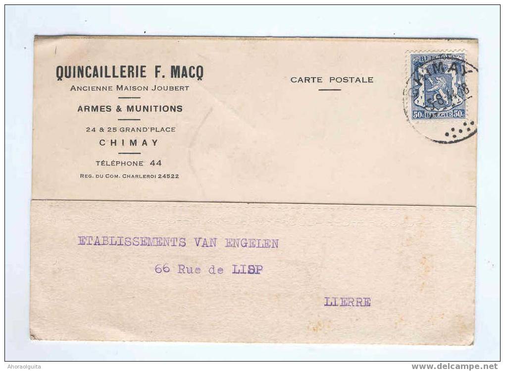 Carte Privée TP 50 C Sceau De L'Etat CHIMAY 1944 - Entete Quincaillerie MACQ Armes Et Munitions  --  4/163 - 1935-1949 Small Seal Of The State