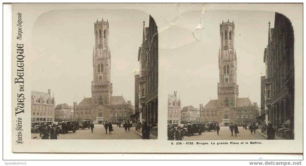 P34 Vue Stéréoscopique Paris-Stéréo Vues De Belgique S236 4722 Bruges La Grande Place Et Le Beffroi. ABIMEE . Brugge - Brugge