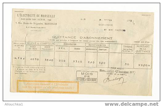 FACTUR DE 1937 ELECTRICITE DE MARSEILLE LISSE DEVANT & PRESQUE BUVARD AU DOS: RECLAME PUBLICITAIRE APPAREILS ELECTRIQUE - Electricité & Gaz