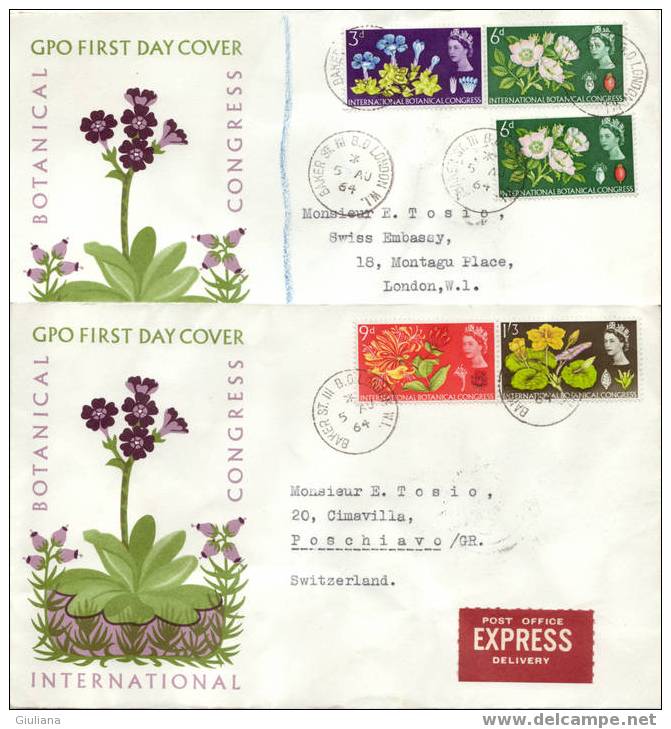 GRAN BRETAGNA - Special Delivery  2 FDC Tenth International Botanical Congress. Edinburgh1964 - 1952-1971 Em. Prédécimales