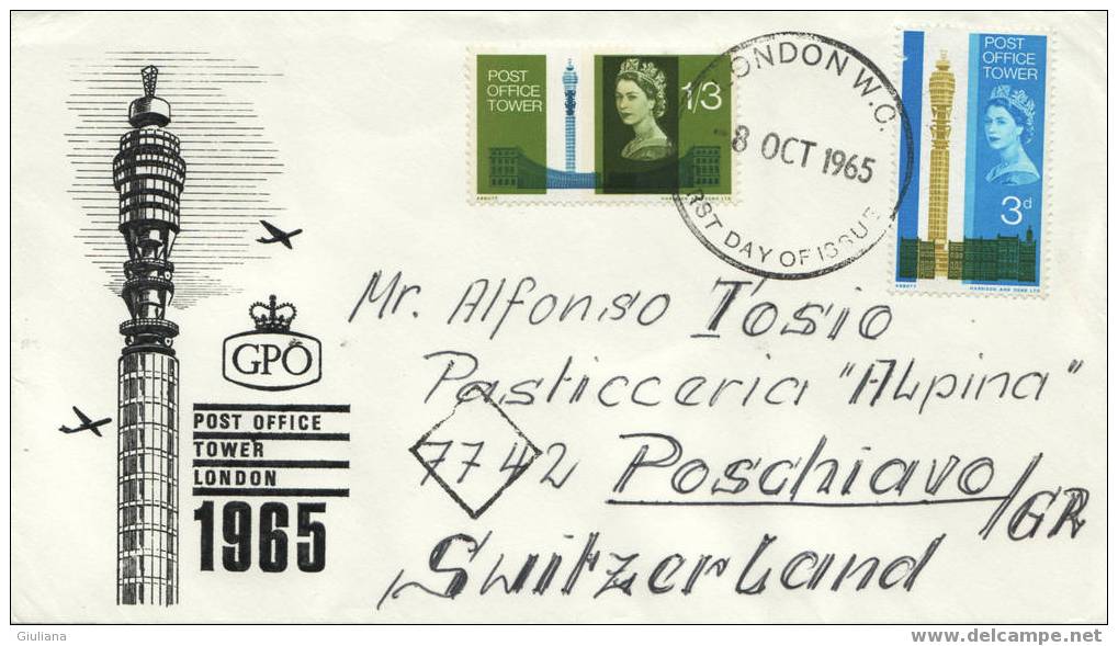 GRAN BRETAGNA - FDC Fo Svizzera - Opening Of Post Office Tower - 8/10/1965 - 1952-1971 Dezimalausgaben (Vorläufer)